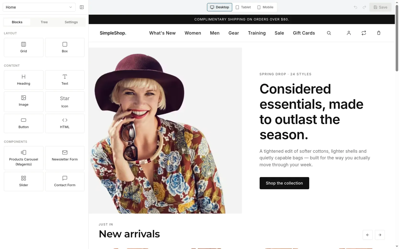 Freento page editor: block library next to the live storefront preview