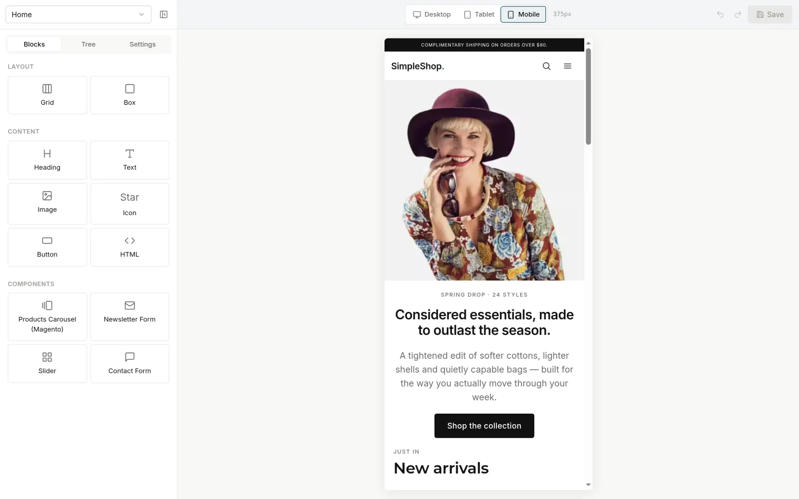 Freento page editor: mobile preview of the home page