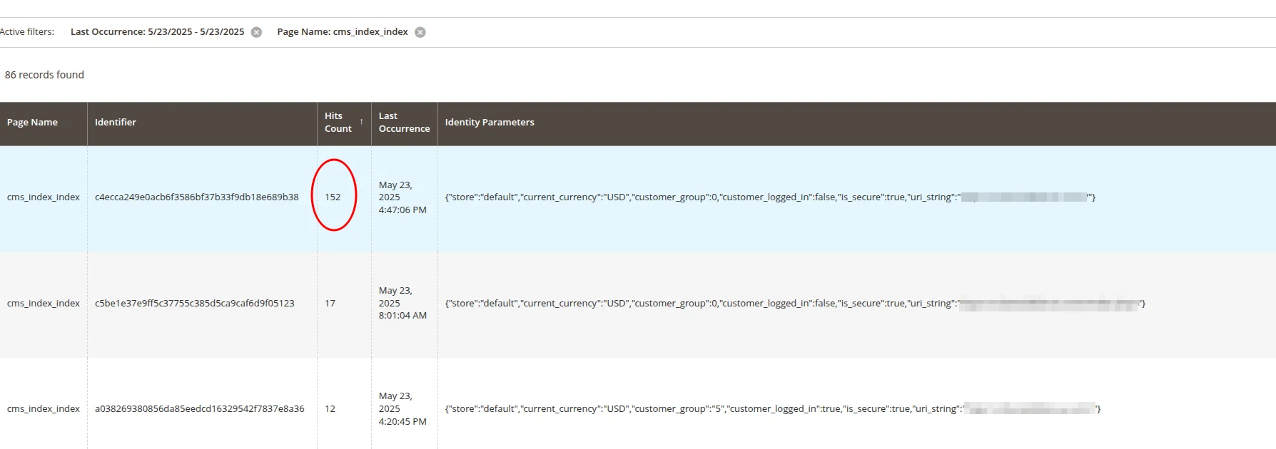 Freento Full Page Cache Analyzer showing cache misses and hits