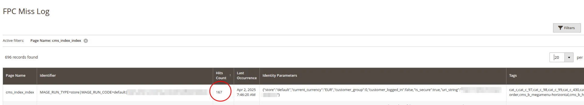 Freento Full Page Cache Analyzer showing FPC miss log