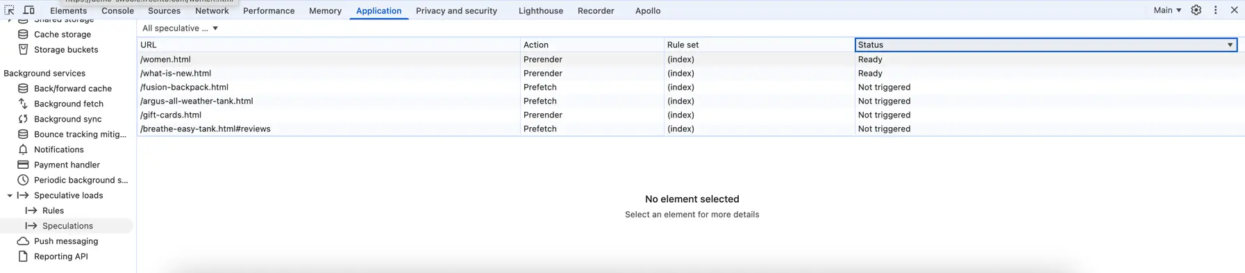 Chrome DevTools showing active Speculation Rules and prerendered pages